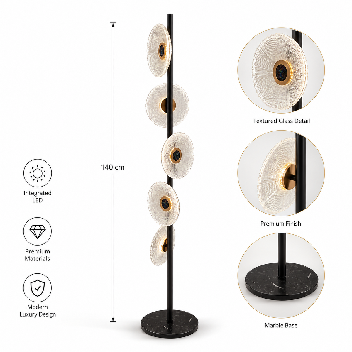 Solara – Modern 5-Light Textured Glass Floor Lamp | LEXORA