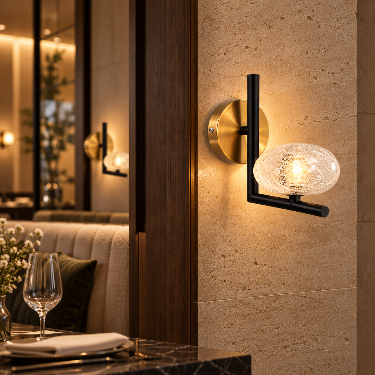 Clyvane | Black & Gold Glass Wall Lamp | LEXORA
