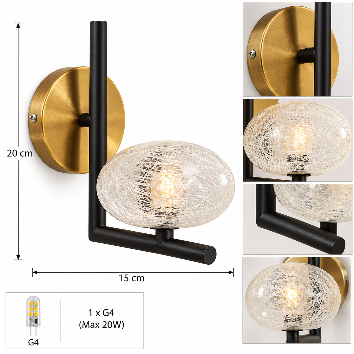 Clyvane | Black & Gold Glass Wall Lamp | LEXORA