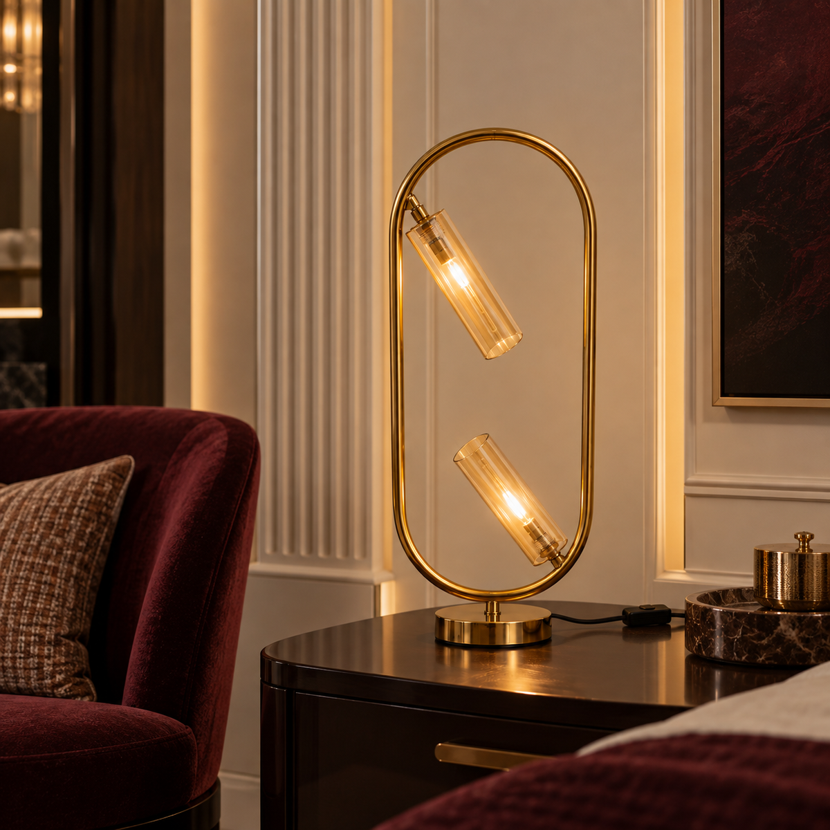 Varelle – Modern 2-Light Oval Frame Glass Table Lamp | LEXORA