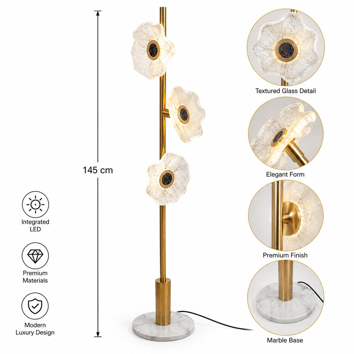 Florena – Modern 3-Light Floral Glass Floor Lamp | LEXORA