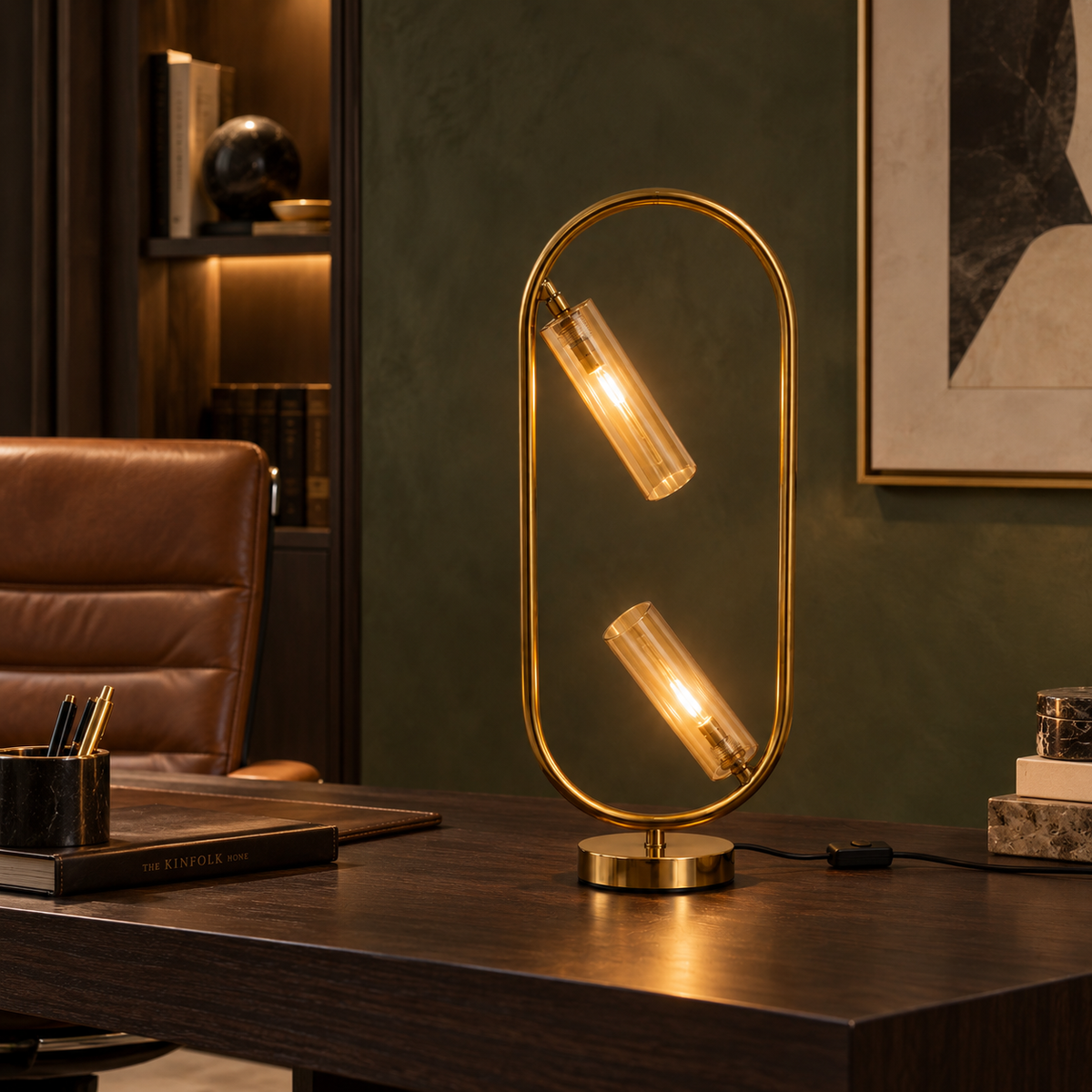 Varelle – Modern 2-Light Oval Frame Glass Table Lamp | LEXORA