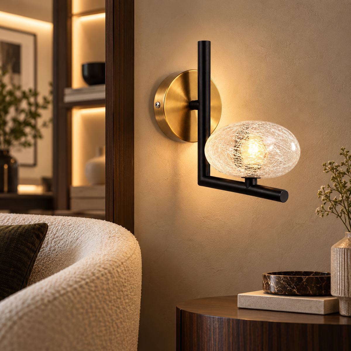 Clyvane | Black & Gold Glass Wall Lamp | LEXORA